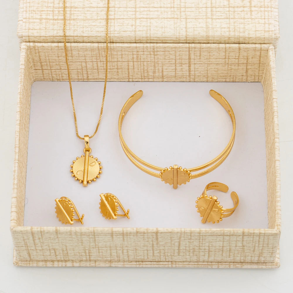 18k Gold Plated Earrings Necklace Jewelry Set for Girl African Cuff Bangle and Finger Ring Set for Jewelry Set Accessories