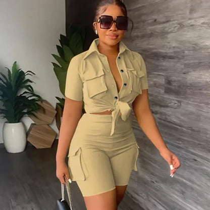 Women's Streetwear Two Piece Set - Summer Button-Up Shorts