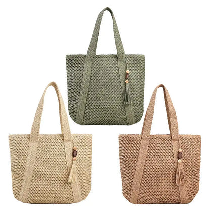 Summer Straw Women Bag Hand-Woven Handbags Handmade Raffia Beach Boho Shoulder Bag Large Tote Bag Tassel Shopping Purses