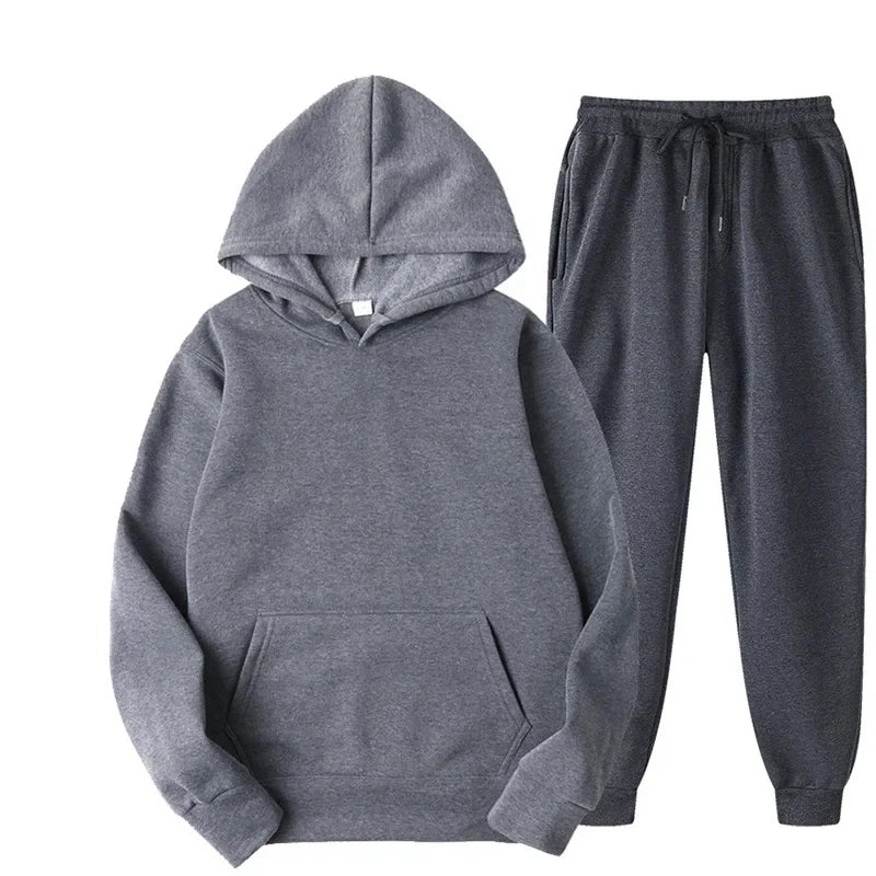 Men Women Tracksuit Hoodies Casual Solid Color Thick Pullover and Long Pant 2-piece Set Men Autumn Fleece Jogger Sports Suit