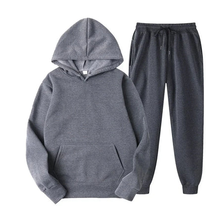 Men Women Tracksuit Hoodies Casual Solid Color Thick Pullover and Long Pant 2-piece Set Men Autumn Fleece Jogger Sports Suit