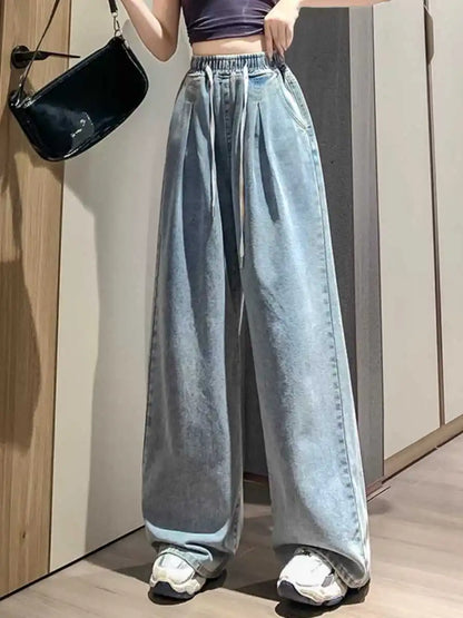 High Waist Straight Leg Elastic Waist Drawstring