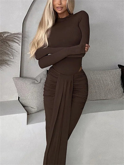 2 Piece-Set Maxi Skirt Casual High Waist Jumpsuit And Pleated Long Skirt Outfits Sexy Solid Skinny Outfits