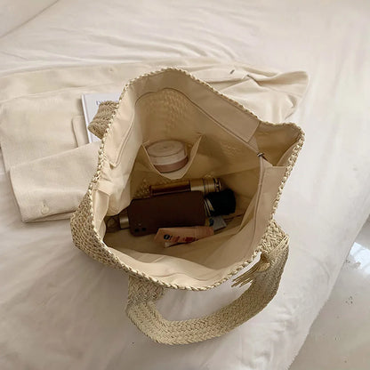 Summer Straw Women Bag Hand-Woven Handbags Handmade Raffia Beach Boho Shoulder Bag Large Tote Bag Tassel Shopping Purses