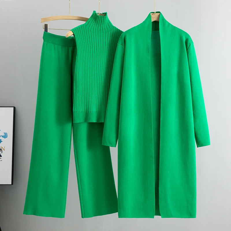 Women's 3 Piece Cardigan Set - Knitted Tracksuit & Pants
