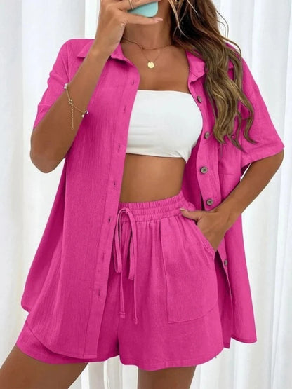 Womens Two Peice Sets Fashion Shorts Solid Color Shirts Set Short-sleeved Casual Loosesingle-breasted Women's 2 Piece Sets
