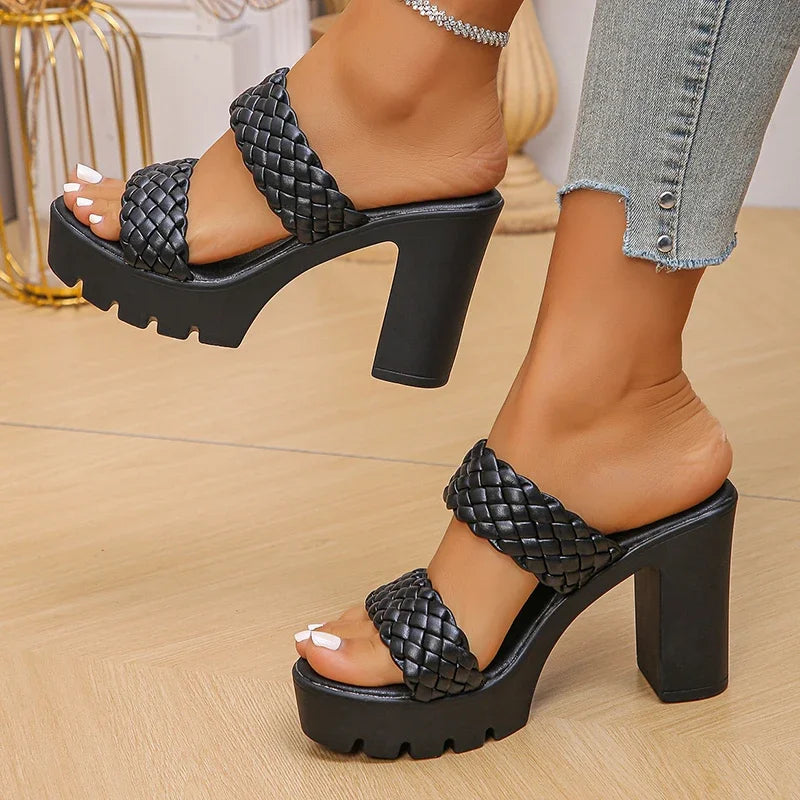 PU Leather Woven Heels Summer Slip-On Sandals Non-Slip Thick Heels Stylish PU Slip-Ons Comfortable High Heels