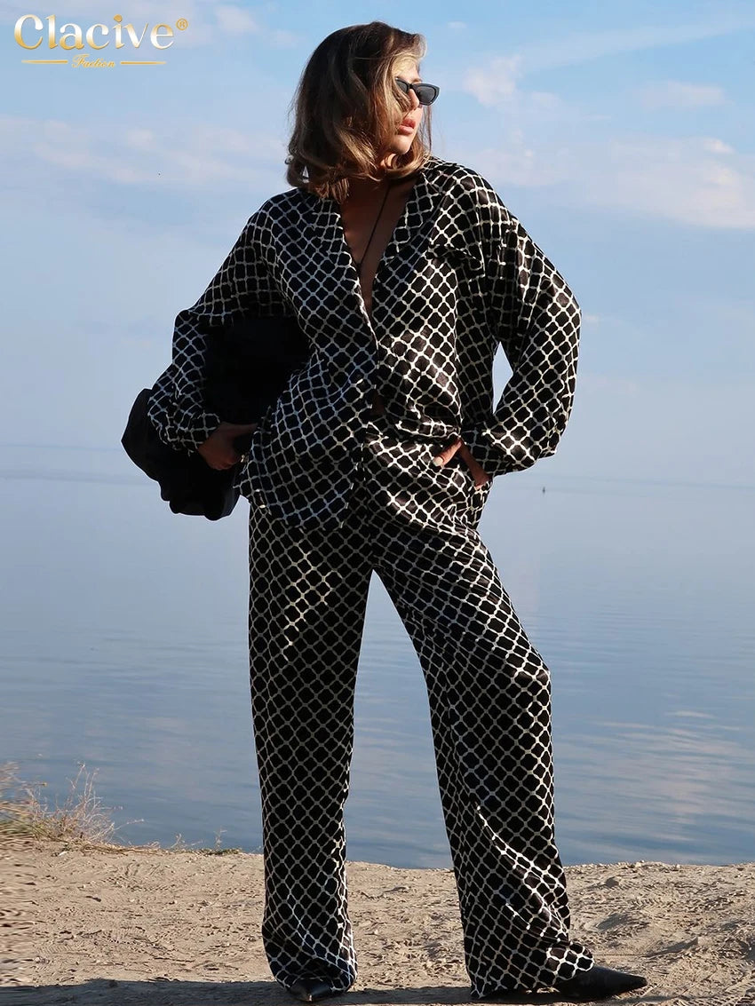 Women's Print Two Piece Set - Long Sleeve Shirt & Wide Pants