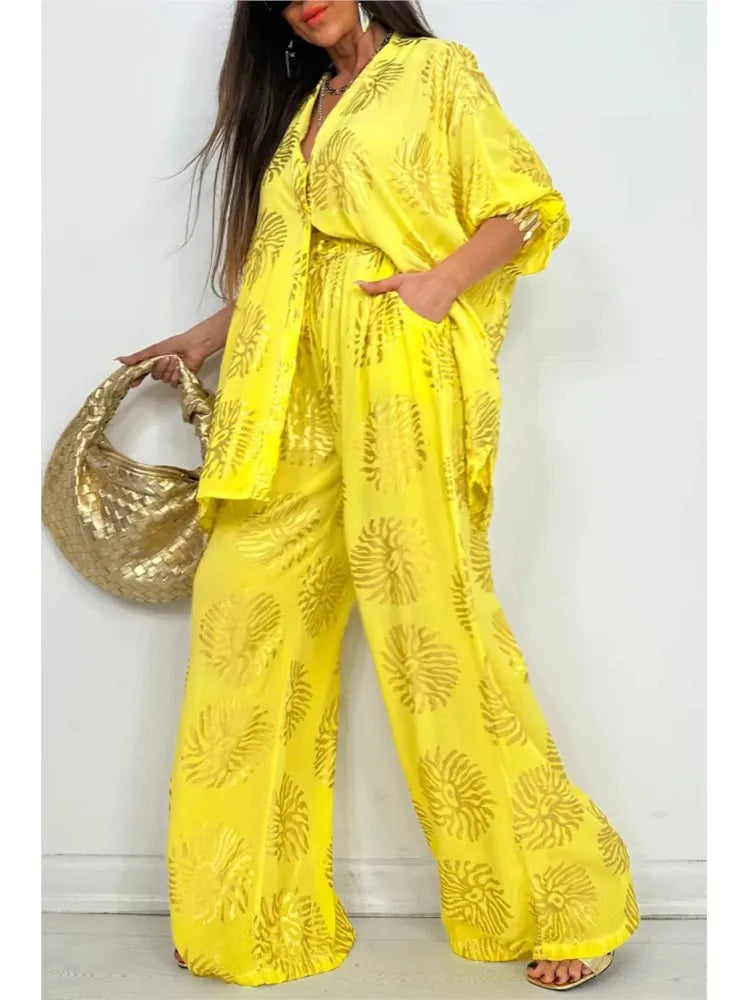 l Printed Gold Embossed Loose Long-sleeved Shirt Suit Laid-back Pocket Wide-leg Trousers Elegant Female 2 Piece Set