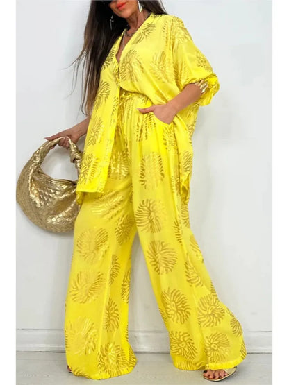 l Printed Gold Embossed Loose Long-sleeved Shirt Suit Laid-back Pocket Wide-leg Trousers Elegant Female 2 Piece Set