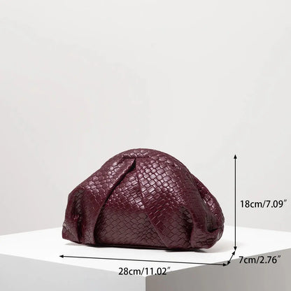Vintage Artificial Leather Woven Pattern Clutch Bag, Burgundy Purse, Porm Dresses for Women, Shell Bag, Ruched Clouds Bag