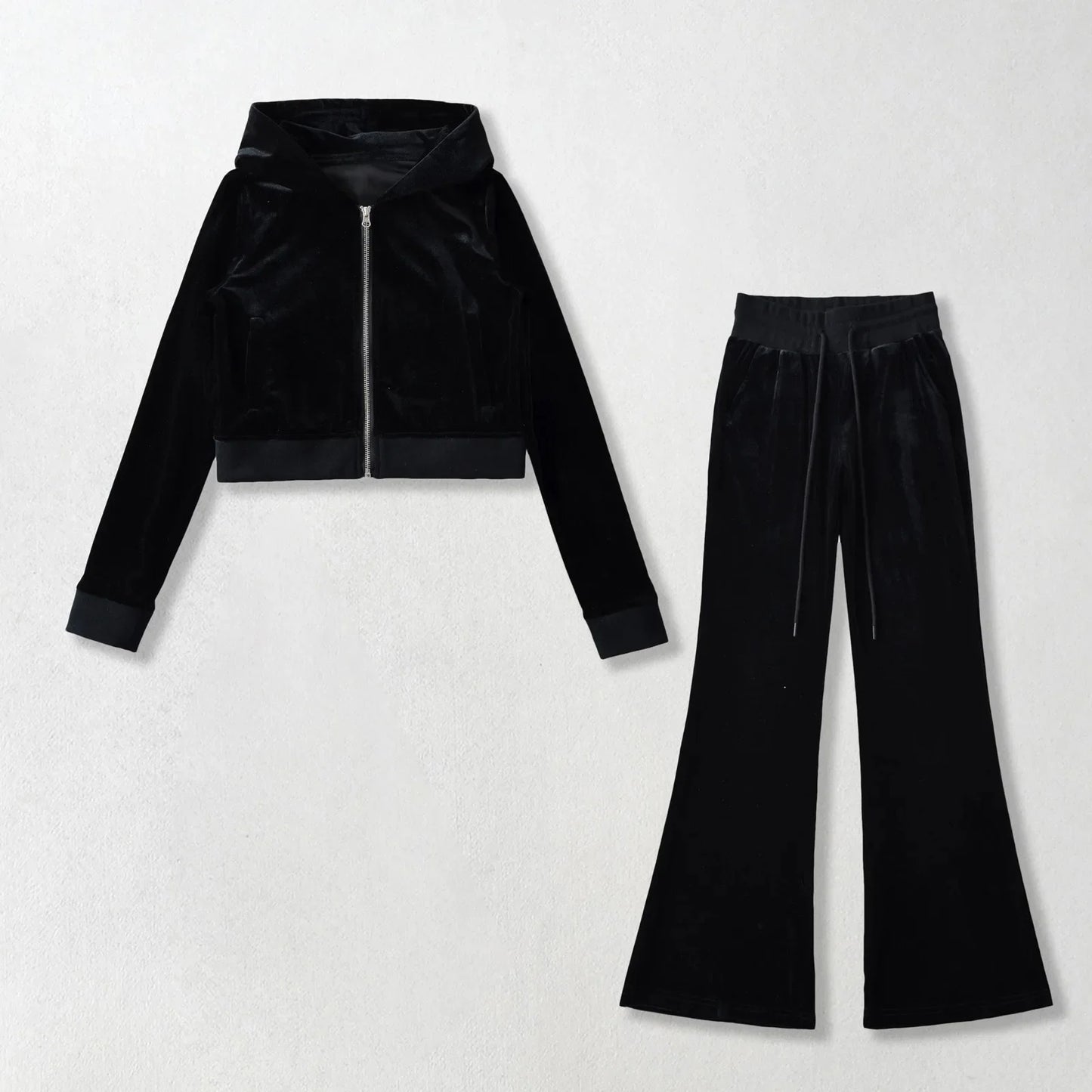 Women's Y2K Velvet Set - Hooded Cardigan & Straight Pants
