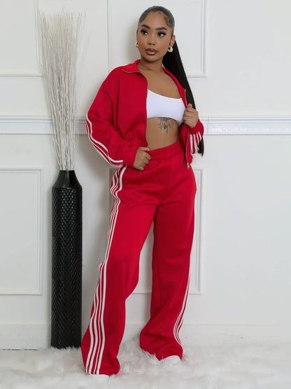 Active wear Women's Set Long Sleeve Striped Sweatshirt+Straight Pants
