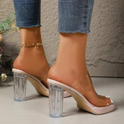 Glass thick-heeled sandals for women