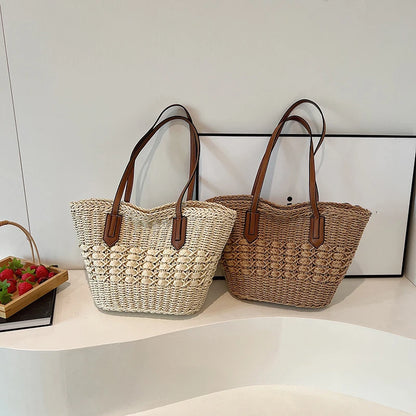 Summer Straw Bags for Women Straw Shoulder Bags Rattan Woven Top Handle Bag Hollow Raffia Crochet Beach Bag Casual Handbags