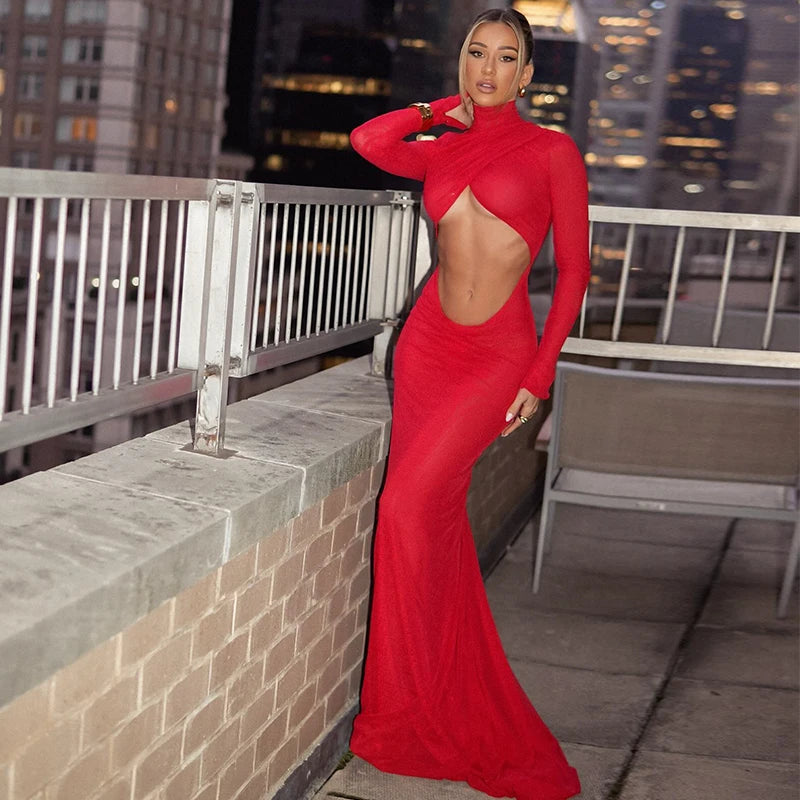 Women's Turtleneck Party Dress - Sexy Hollow Out Design