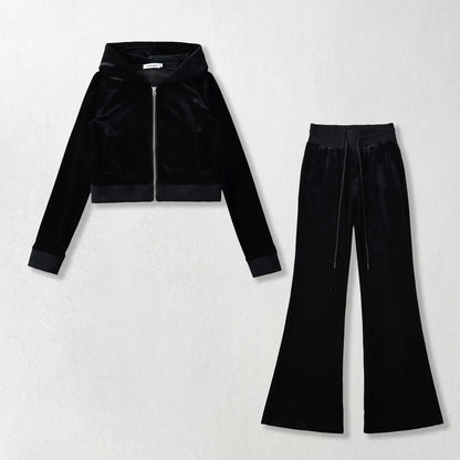Women's Y2K Velvet Set - Hooded Cardigan & Straight Pants