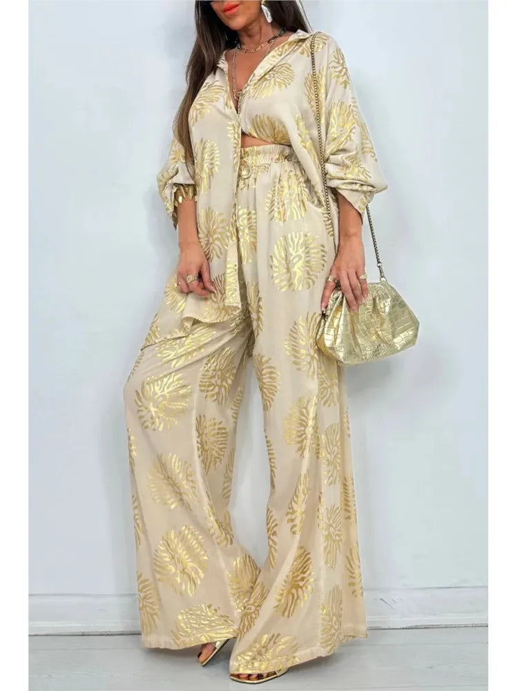 l Printed Gold Embossed Loose Long-sleeved Shirt Suit Laid-back Pocket Wide-leg Trousers Elegant Female 2 Piece Set