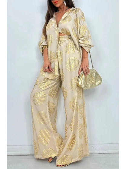 l Printed Gold Embossed Loose Long-sleeved Shirt Suit Laid-back Pocket Wide-leg Trousers Elegant Female 2 Piece Set
