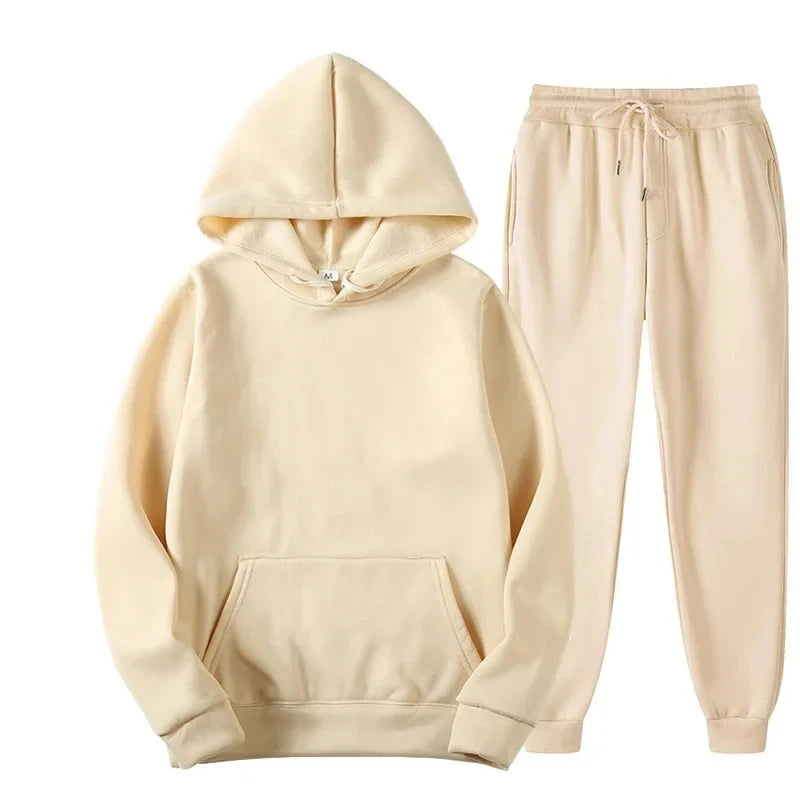 Men Women Tracksuit Hoodies Casual Solid Color Thick Pullover and Long Pant 2-piece Set Men Autumn Fleece Jogger Sports Suit