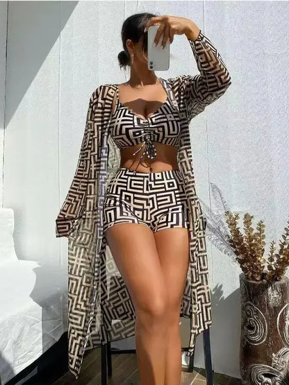 Best Selling High Waist Beachwear Women's Two-Piece Swimsuit Cover up Three-Piece Set Gathered