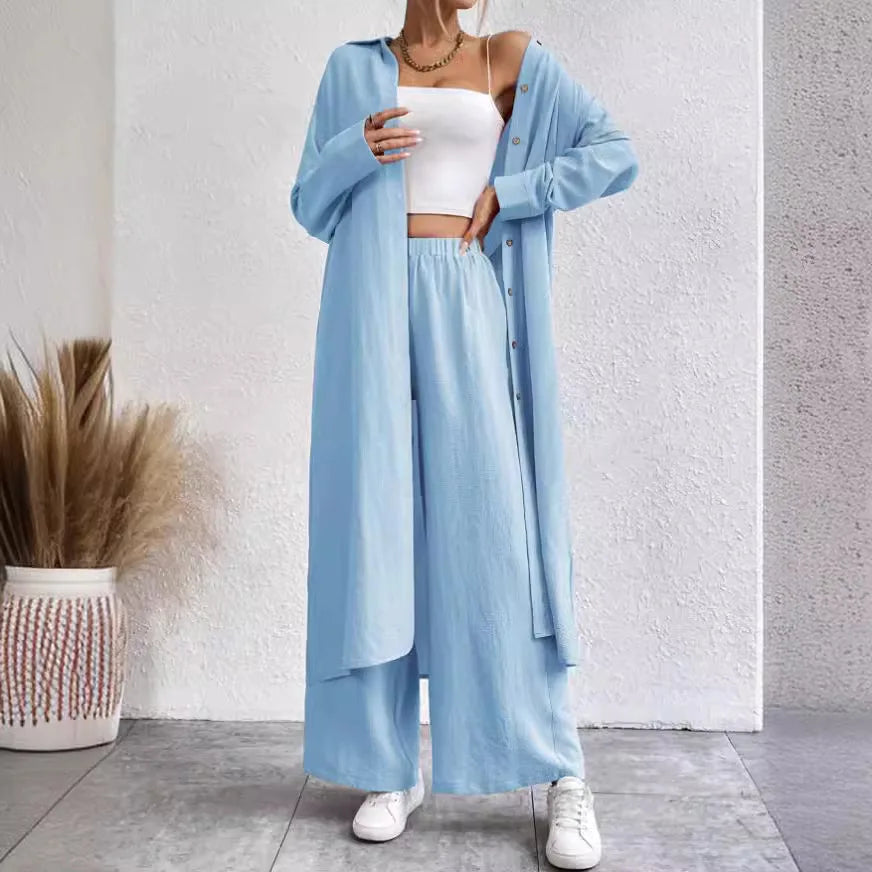 Two Piece Sets Women Solid Long Cardigan Full Sleeve Shirts Button Wide Leg Pants Suits Solid Loose Casual Lady Spring