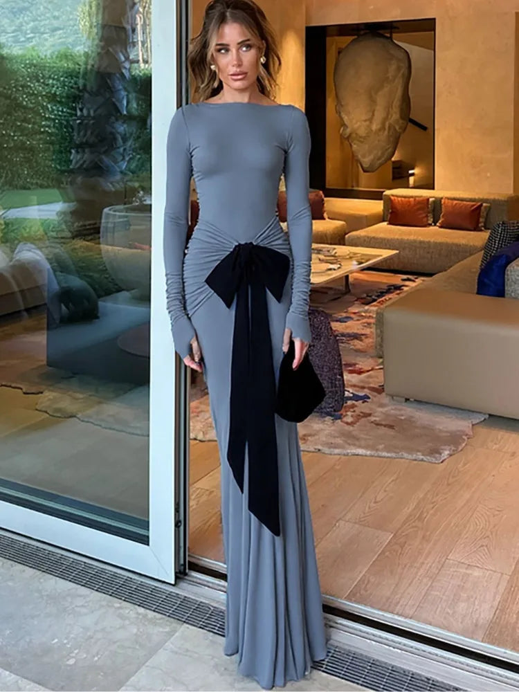 Women's Long Sleeve Maxi Dress - Ruched Bow Bodycon