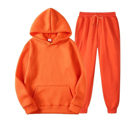 Men Women Tracksuit Hoodies Casual Solid Color Thick Pullover and Long Pant 2-piece Set Men Autumn Fleece Jogger Sports Suit