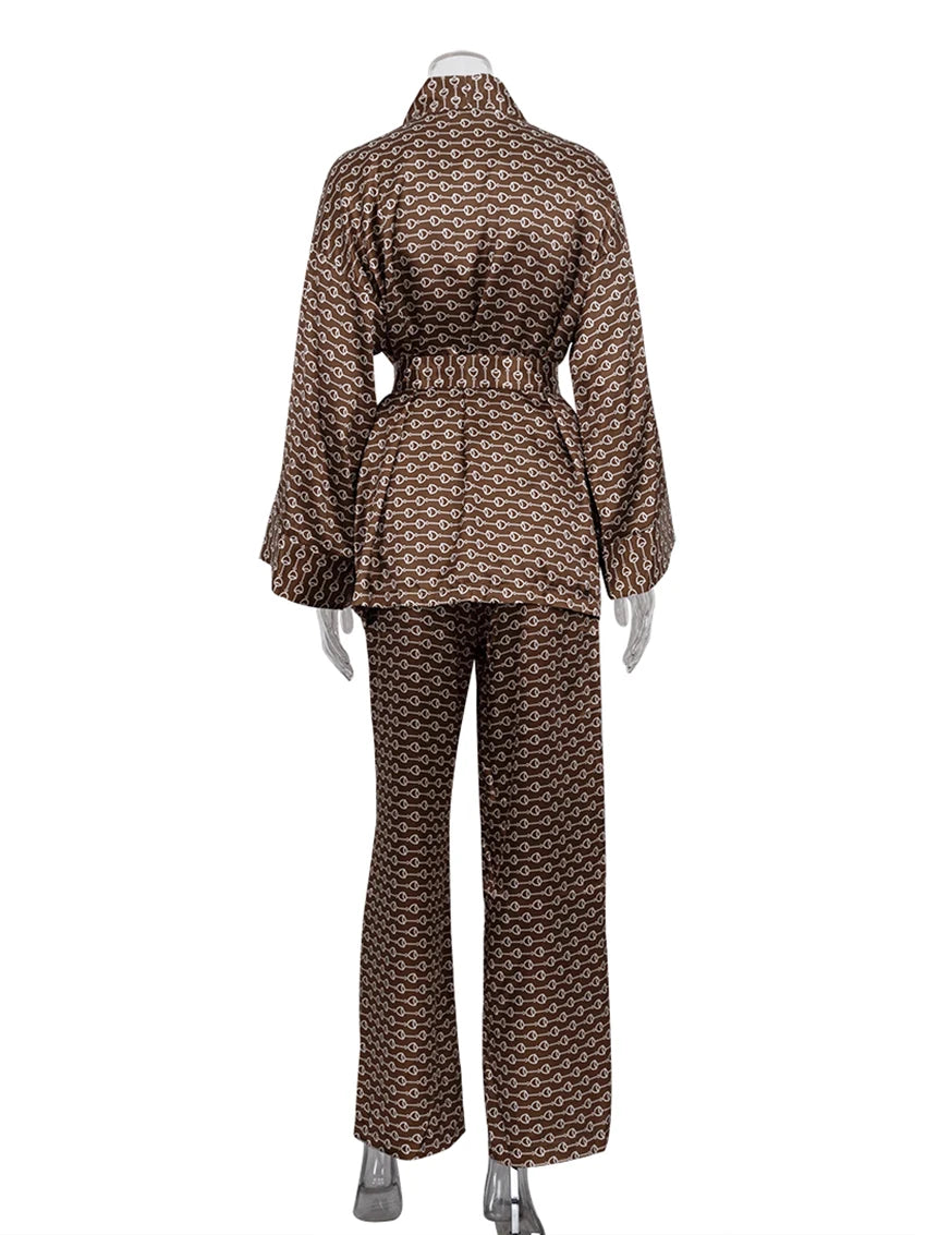 Two piece silk set   Long Sleeve Drop Shoulder Shirt & High Elastic Waist