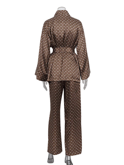 Two piece silk set   Long Sleeve Drop Shoulder Shirt & High Elastic Waist