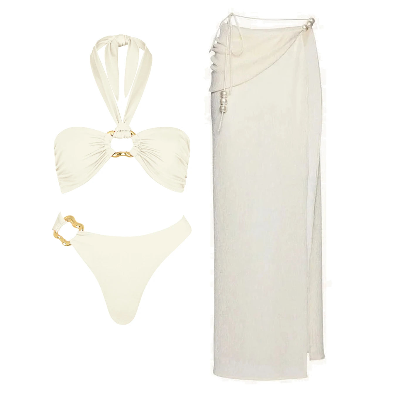 3Pcs Sexy Bikini Set With Cover Up Pearls White Swimsuit Women Halter Swimwear Female Off Shoulder Bathingsuit Biquini Beachwear