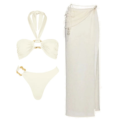 3Pcs Sexy Bikini Set With Cover Up Pearls White Swimsuit Women Halter Swimwear Female Off Shoulder Bathingsuit Biquini Beachwear