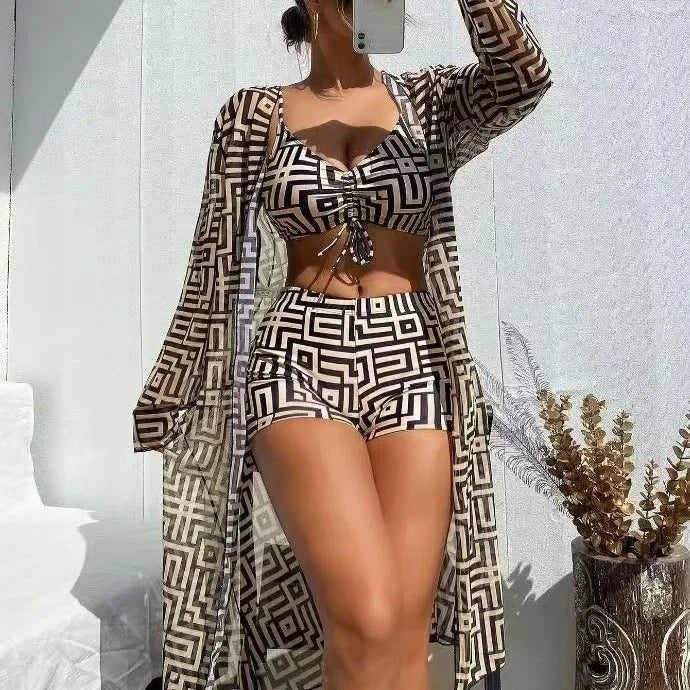 Best Selling High Waist Beachwear Women's Two-Piece Swimsuit Cover up Three-Piece Set Gathered