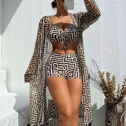 Best Selling High Waist Beachwear Women's Two-Piece Swimsuit Cover up Three-Piece Set Gathered