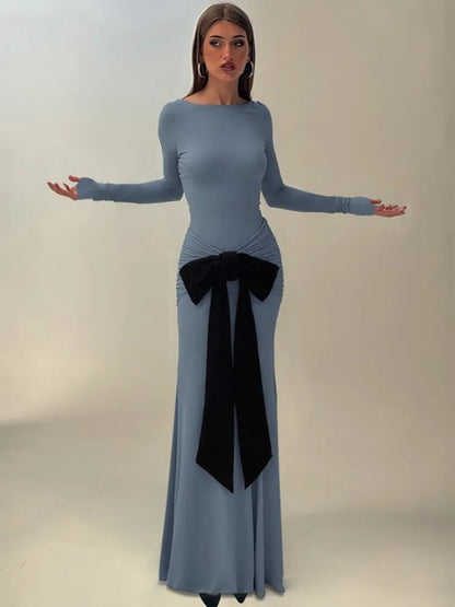 Women's Long Sleeve Maxi Dress - Ruched Bow Bodycon