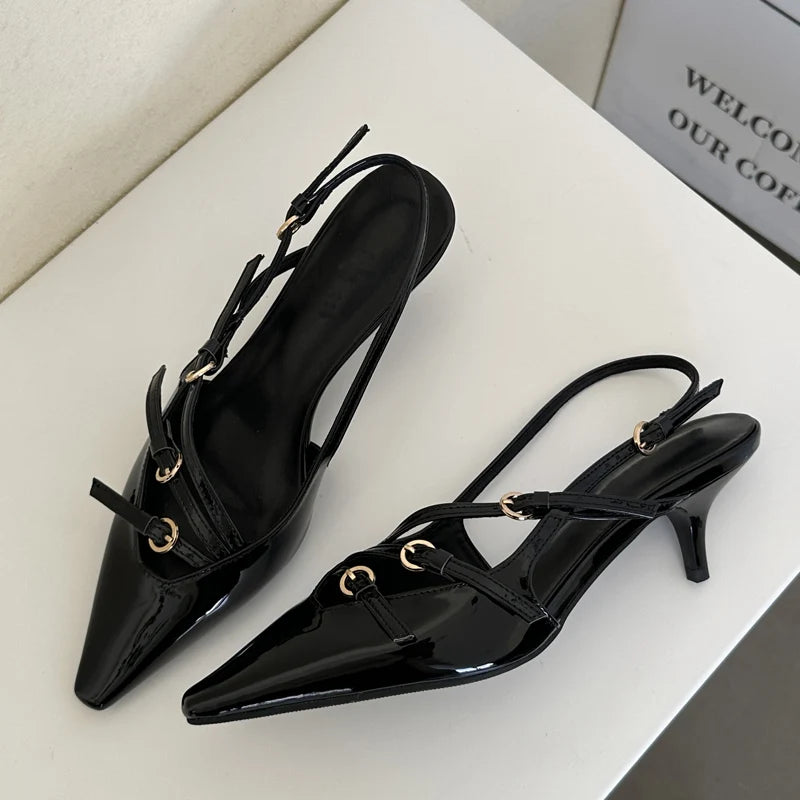 Buckle Strap Pumps Women Sexy Pointed Toe Thin Heels Wedding Banquet Dress Mule Ladies Shoes