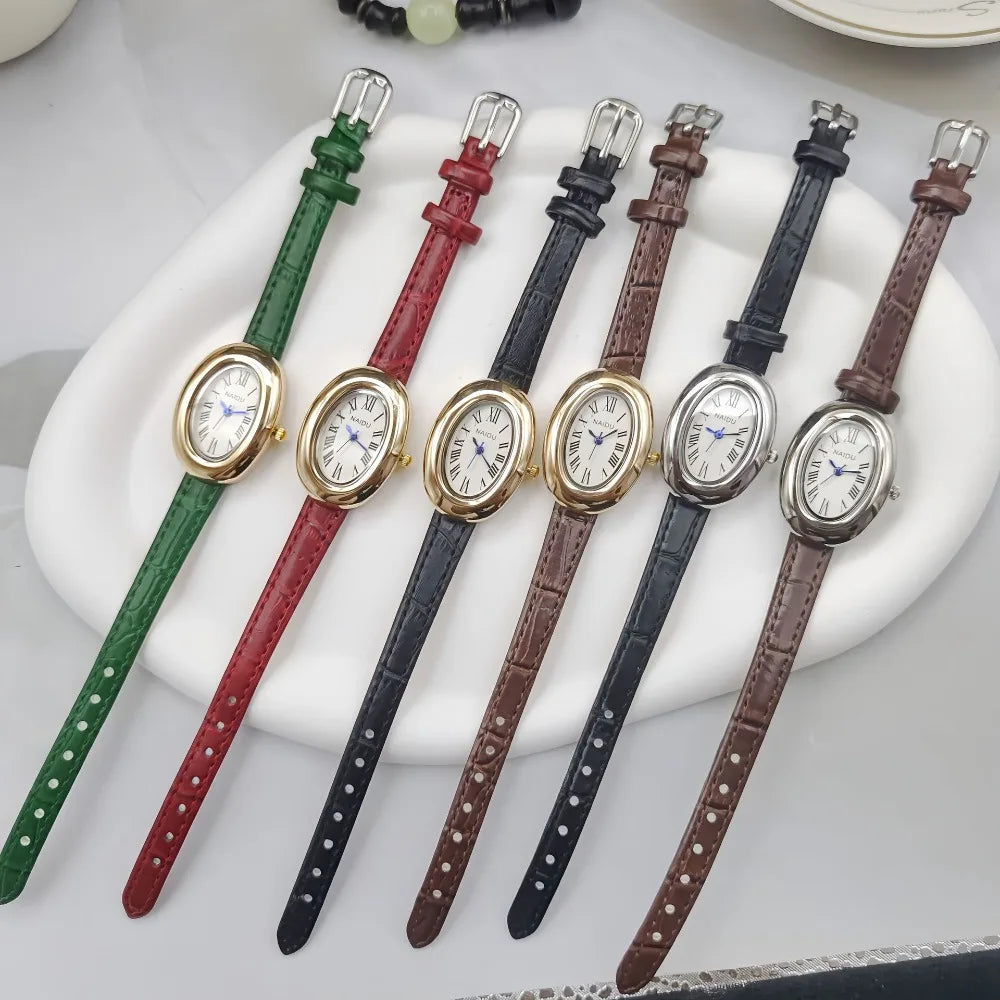 Vintage Oval Goose Egg Quartz Leather Watch for Women – Elegant Christmas Gift