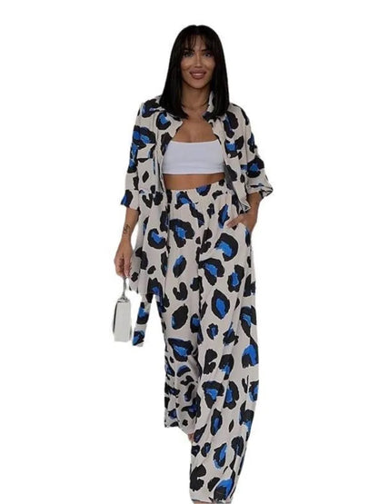 Leopard Print Women's Two Piece Sets Elegant Casual Button Streetwear Long Sleeve Shirt And Wide Leg Pants 2 Piece Sets