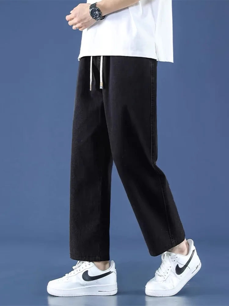 High Waist Straight Leg Elastic Waist Drawstring