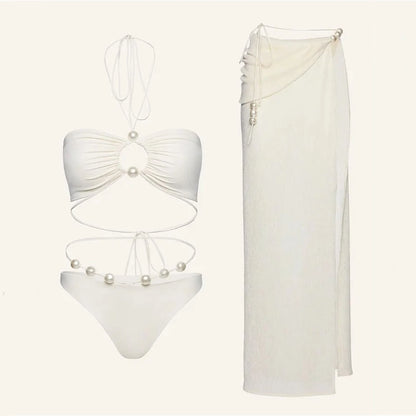 3Pcs Sexy Bikini Set With Cover Up Pearls White Swimsuit Women Halter Swimwear Female Off Shoulder Bathingsuit Biquini Beachwear