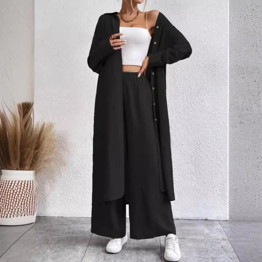 Two Piece Sets Women Solid Long Cardigan Full Sleeve Shirts Button Wide Leg Pants Suits Solid Loose Casual Lady Spring