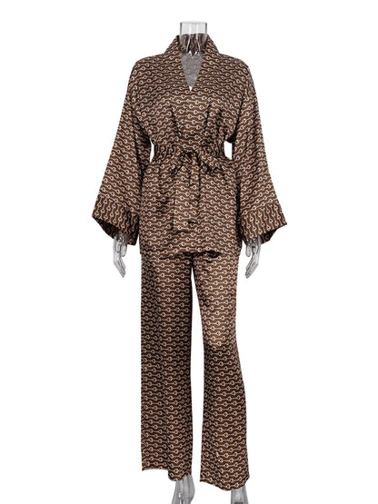 Two piece silk set   Long Sleeve Drop Shoulder Shirt & High Elastic Waist