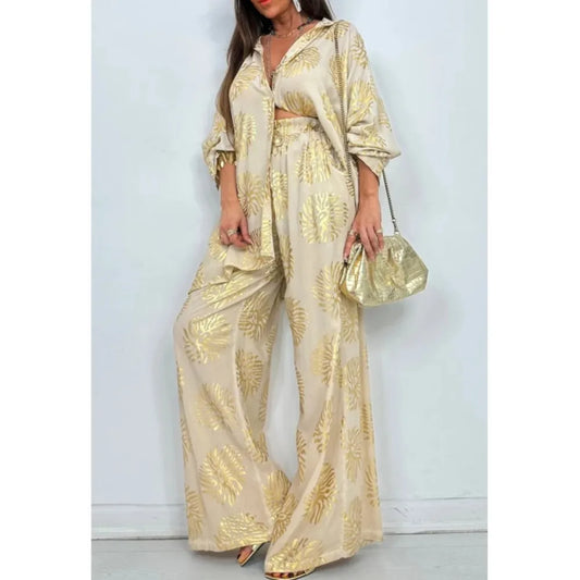 l Printed Gold Embossed Loose Long-sleeved Shirt Suit Laid-back Pocket Wide-leg Trousers Elegant Female 2 Piece Set