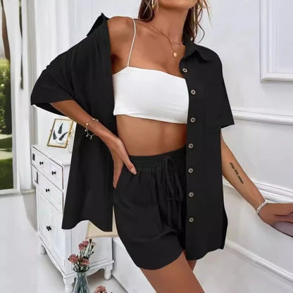 Womens Two Peice Sets Fashion Shorts Solid Color Shirts Set Short-sleeved Casual Loosesingle-breasted Women's 2 Piece Sets