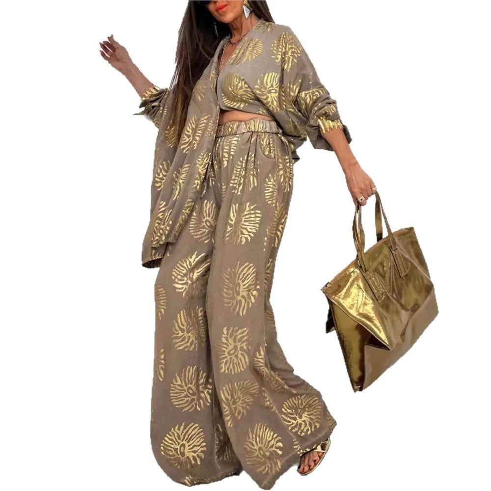l Printed Gold Embossed Loose Long-sleeved Shirt Suit Laid-back Pocket Wide-leg Trousers Elegant Female 2 Piece Set