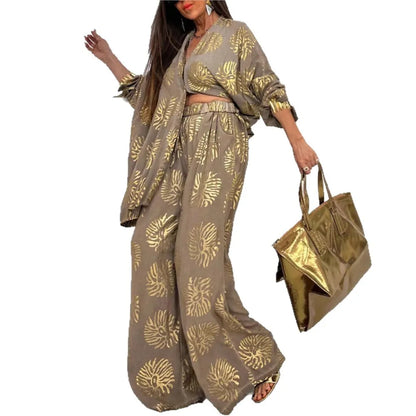 l Printed Gold Embossed Loose Long-sleeved Shirt Suit Laid-back Pocket Wide-leg Trousers Elegant Female 2 Piece Set