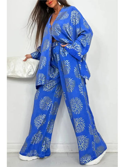 l Printed Gold Embossed Loose Long-sleeved Shirt Suit Laid-back Pocket Wide-leg Trousers Elegant Female 2 Piece Set