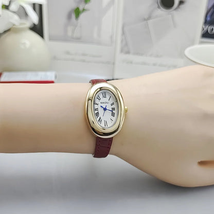 Vintage Oval Goose Egg Quartz Leather Watch for Women – Elegant Christmas Gift