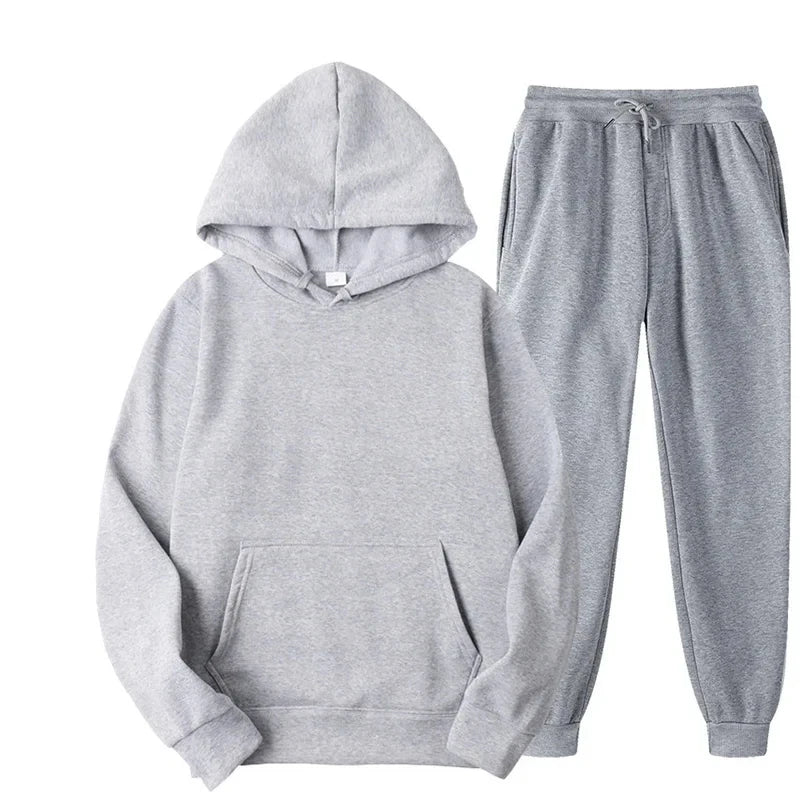 Men Women Tracksuit Hoodies Casual Solid Color Thick Pullover and Long Pant 2-piece Set Men Autumn Fleece Jogger Sports Suit
