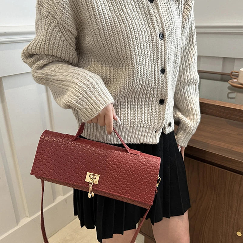 Retro Artificial Leather Woven Flip Women's Clutch Elegant Evening Bag Burgundy Wallet Women's Dress Party Wedding Item